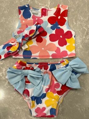 Mud Pie Girls Floral Crop Bikini Set with Blue Bows